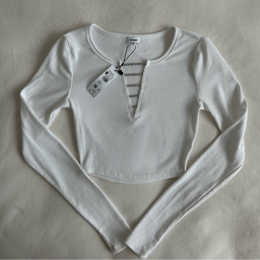 Garage White Long Sleeve Crop Top with Sparkle Details